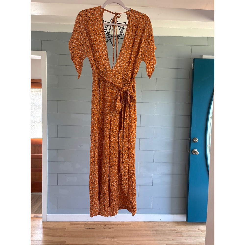 Faithfull the Brand Orange Floral Wide Leg Jumpsuit Open Back Tassel Size M US 6